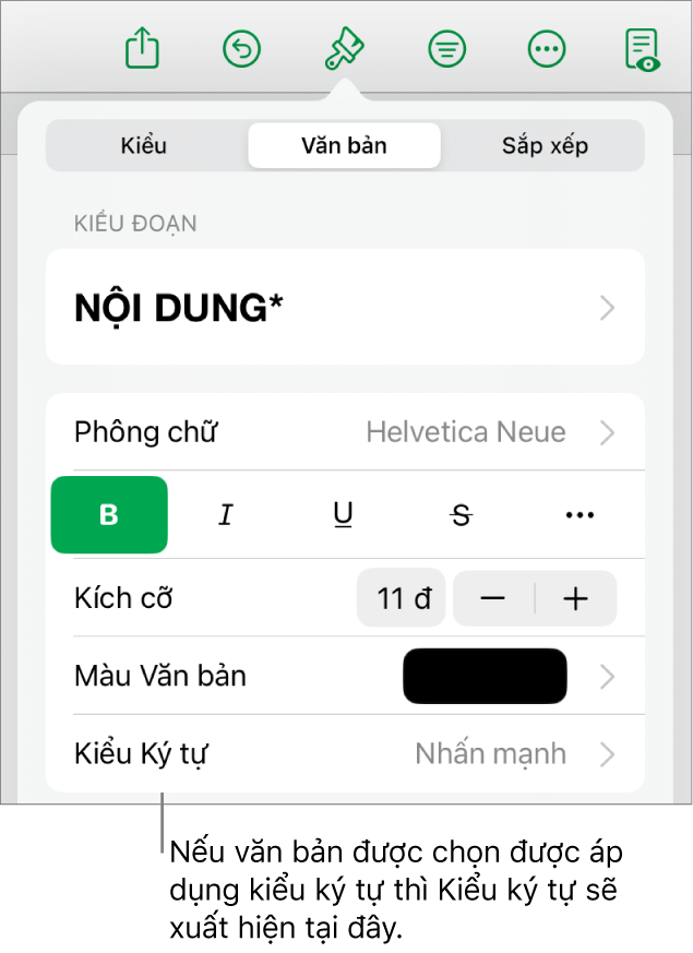 Các điều khiển định dạng Văn bản với Kiểu ký tự bên dưới các điều khiển Màu. Kiểu ký tự Không xuất hiện cùng với dấu hoa thị.