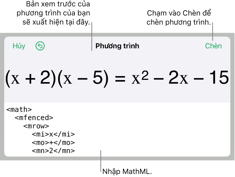 Hộp thoại Phương trình, đang hiển thị phương trình được viết bằng các lệnh MathML và bản xem trước của công thức ở bên trên.
