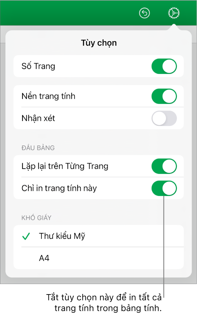 Khung xem trước bản in, với các điều khiển để hiển thị số trang, lặp lại phần đầu trên mỗi trang, thay đổi khổ giấy và lựa chọn in toàn bộ bảng tính hay chỉ trang tính hiện tại.