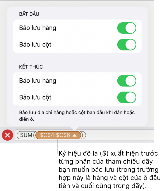 Các điều khiển để chỉ định tham chiếu nào trong các tham chiếu hàng và cột của ô nên được bảo lưu nếu ô được di chuyển hoặc sao chép. Ký hiệu đô la xuất hiện trước từng phần của tham chiếu vùng bạn muốn bảo lưu.