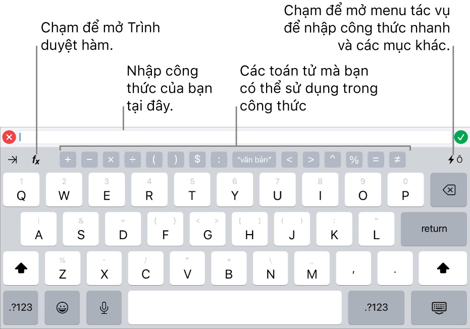 Bàn phím công thức, với trình sửa công thức ở trên cùng và các toán tử được sử dụng trong các công thức ở bên dưới. Nút Hàm để mở Trình duyệt hàm nằm ở bên trái của các toán tử và nút menu Tác vụ nằm ở bên phải.