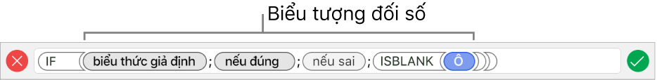 Trình sửa công thức đang hiển thị hàm với các mã thông báo đối số.