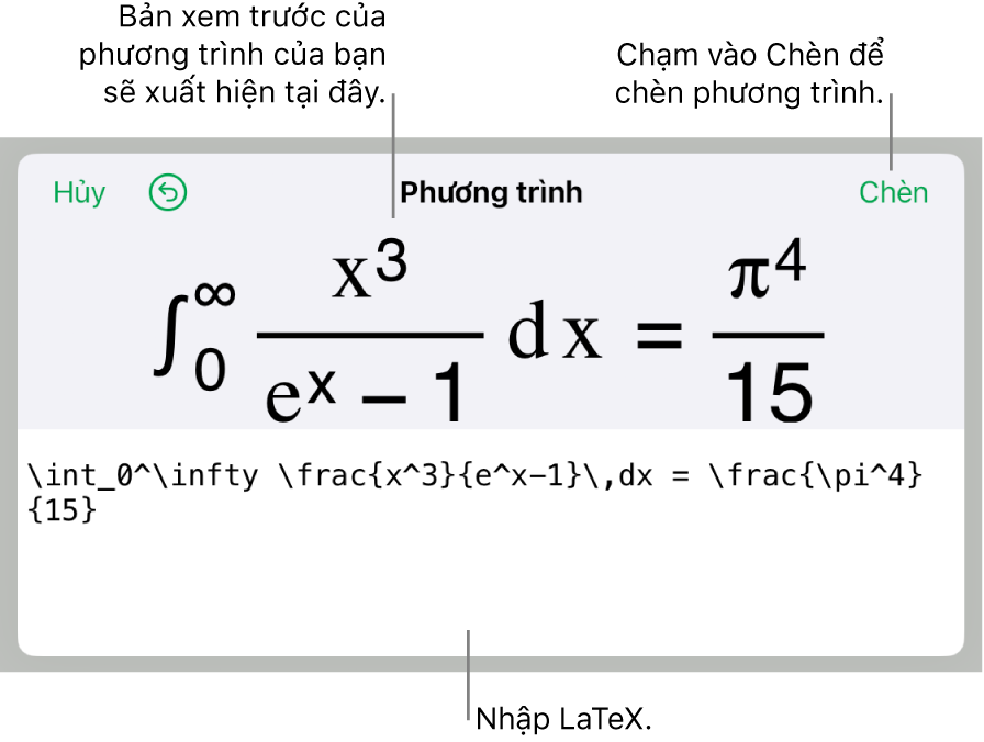 Hộp thoại Phương trình, đang hiển thị phương trình được viết bằng các lệnh LaTex và bản xem trước của công thức ở bên trên.