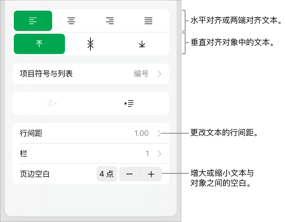 含文本对齐和间距按钮标注框的“格式”检查器的“布局”部分。