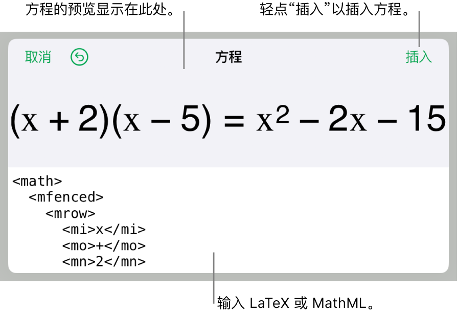 “方程”对话框，显示使用 MathML 命令所写的方程，以及上方公式的预览。