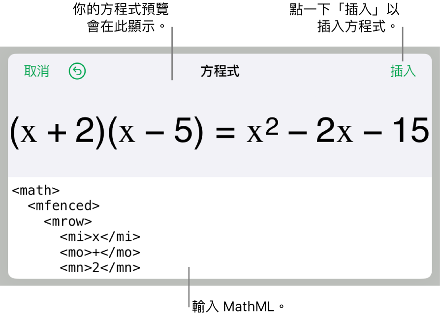 「方程式」對話框，顯示使用 MathML 指令寫入的方程式，上方是公式的預覽。