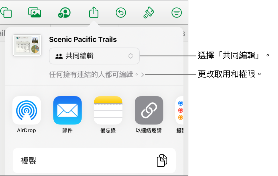 「分享」選單的最上方已選擇「共同編輯」，下面是取用權限和權限設定。