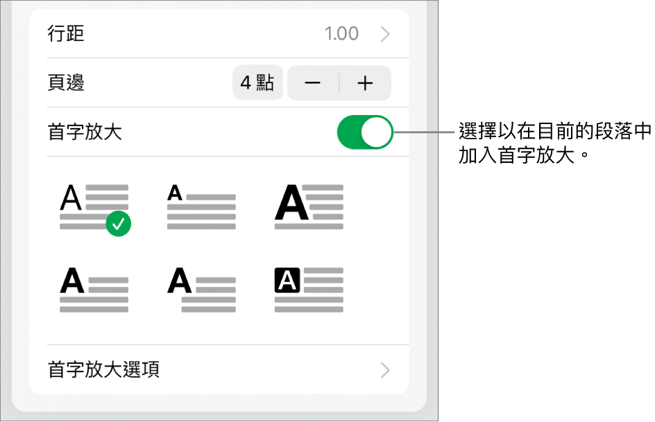 「首字放大」控制項目位於「文字」選單底部。