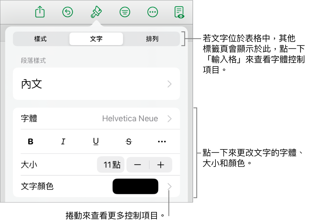 「格式」選單中設定段落及字元樣式、字體、大小和顏色的文字控制項目。