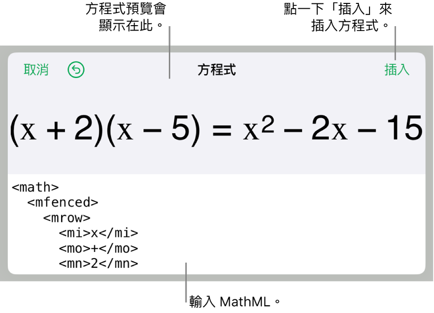「方程式」對話框，顯示使用 MathML 指令寫入的方程式，上方是公式的預覽。