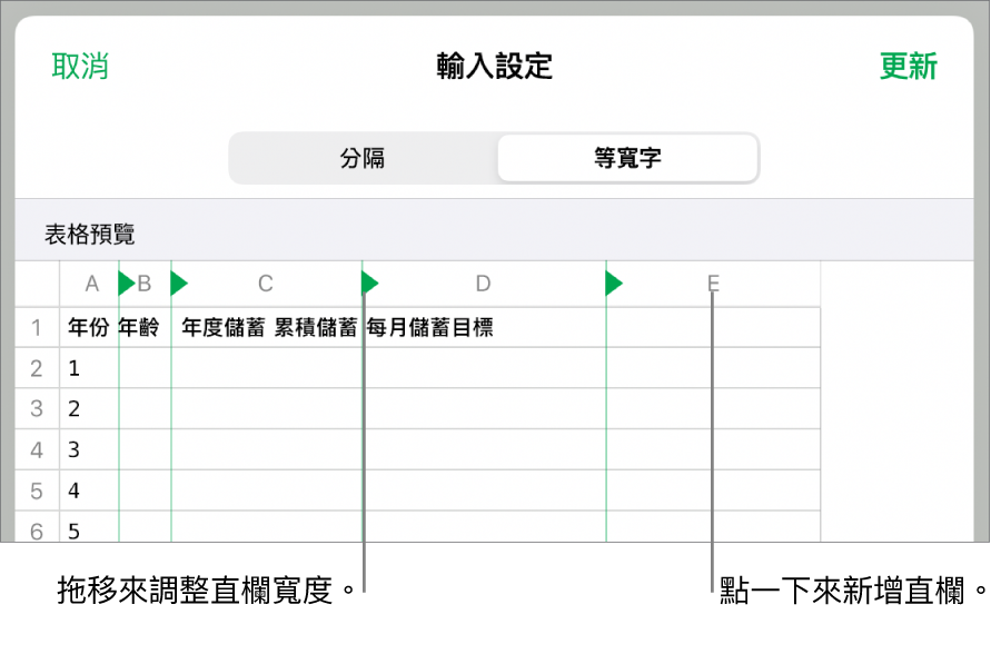 等寬文字檔案的輸入設定。