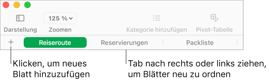 Tableiste zum Hinzufügen eines neuen Blatts und zum Ändern der Anordnung der Blätter