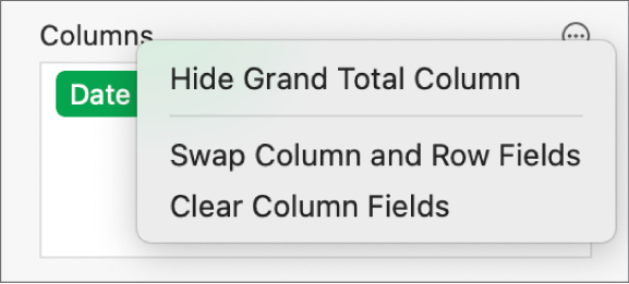 The More Field Options menu, showing the controls to hide grand totals, swap column and row fields, and clear fields.