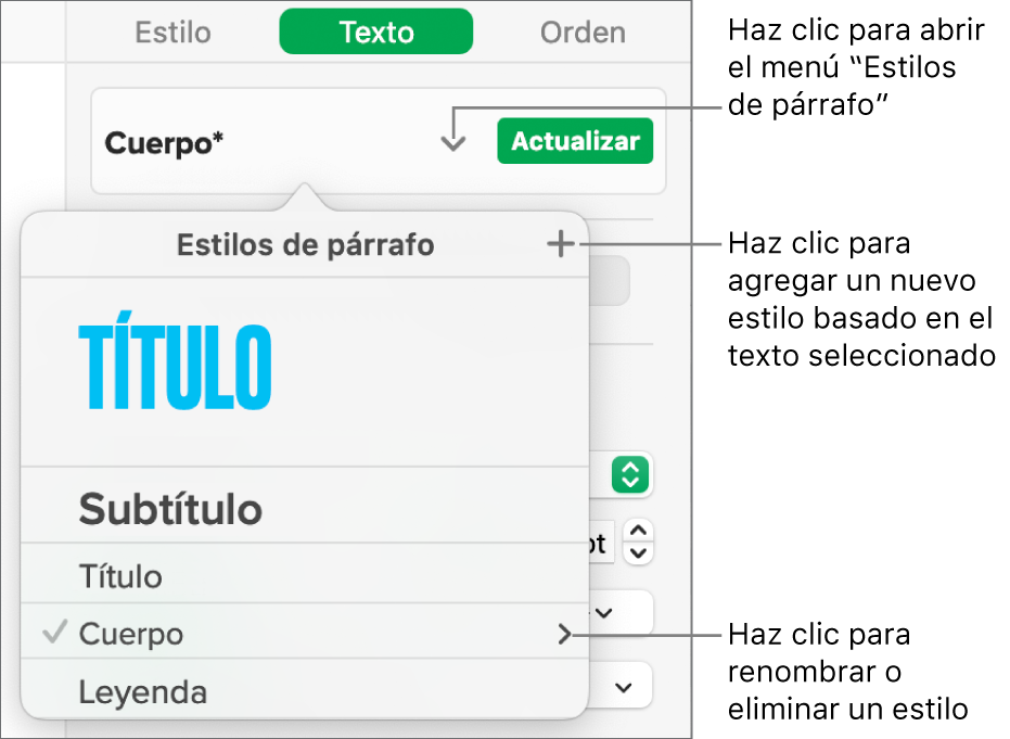 El menú Estilos de párrafo con controles para agregar o cambiar un estilo.