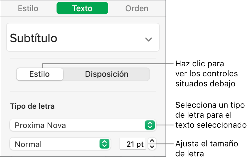 Controles de texto de la sección Estilo de la barra lateral Formato para ajustar el tamaño y el tipo de letra.