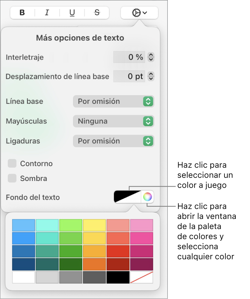 Controles para seleccionar un relleno de texto.