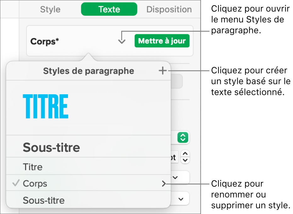 Menu Styles de paragraphe, affichant des commandes pour ajouter ou modifier un style.