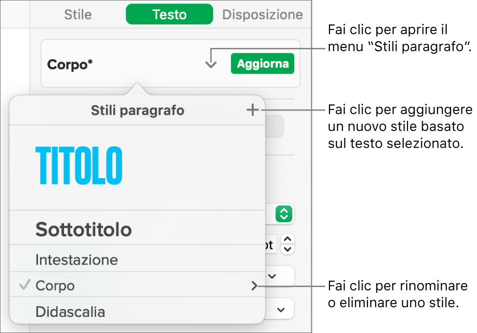 Menu “Stili paragrafo” con i controlli per aggiungere o modificare uno stile.