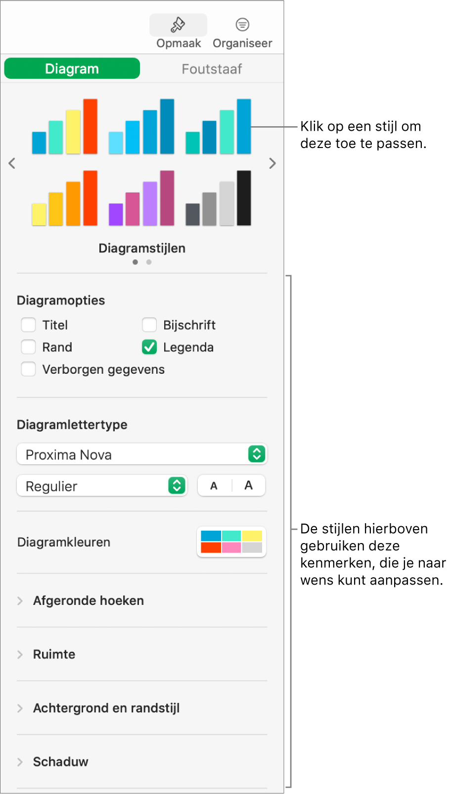 De navigatiekolom 'Opmaak' met de regelaars voor het opmaken van diagrammen.