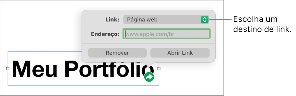 Controles do editor de links com “Página Web” selecionado e os botões Remover e “Abrir Link” na parte inferior.
