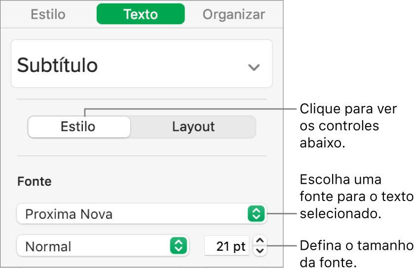 Controles de texto na seção Estilo da barra lateral Formatar para ajustar a fonte e o tamanho da fonte.