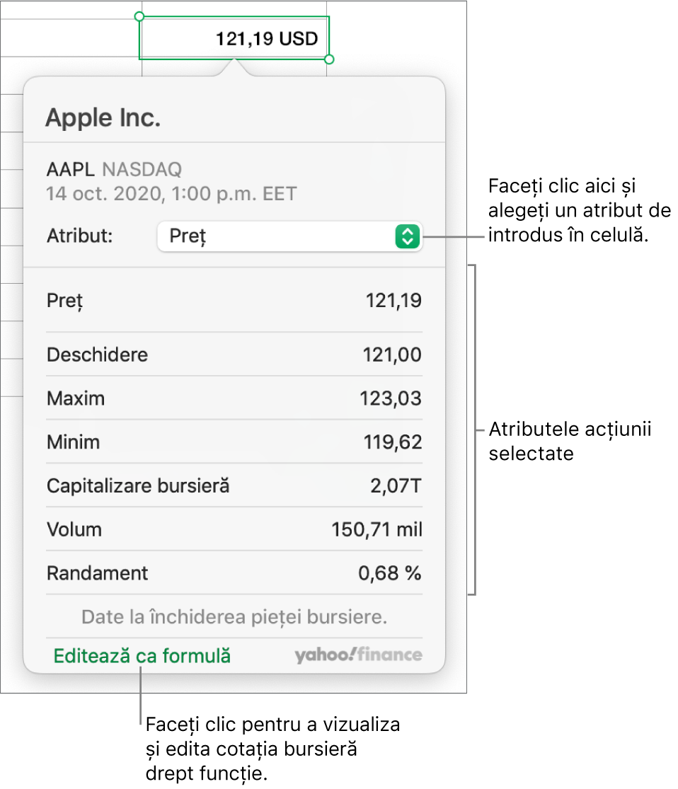 Fereastră de dialog pentru inserarea informațiilor despre un atribut bursier, având Apple ca acțiune selectată.