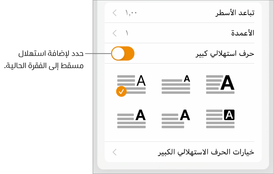 عناصر التحكم في الاستهلال المسقط الموجودة في الجزء السفلي من قائمة النص.