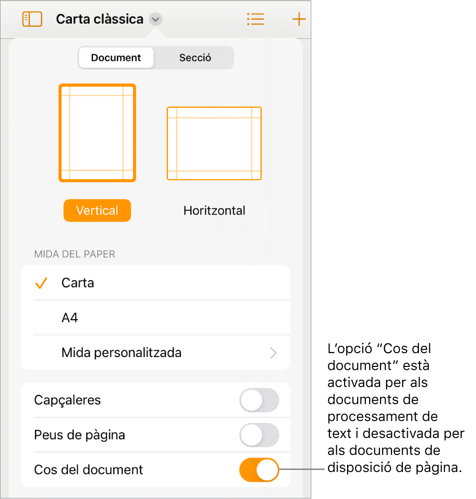 Els controls de “Format del document” amb l’opció “Cos del document” activada cap a la part inferior de la pantalla.