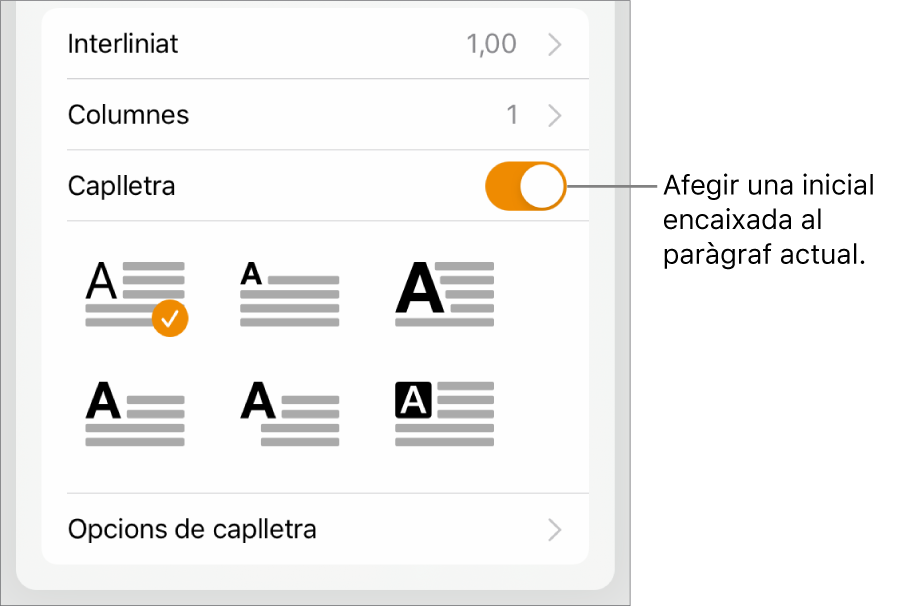 Els controls de Caplletra, ubicats a la part inferior del menú Text.