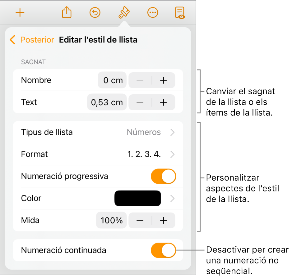 El menú “Editar l’estil de llista” en què es mostren els controls de l’espaiat de sagnat, tipus i format de la llista, numeració progressiva, color i mida de la llista i numeració contínua.