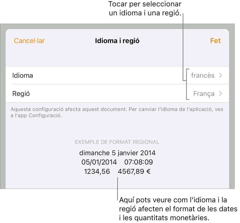 El tauler “Idioma i regió” en què es mostren els controls per a l’idioma i la regió i un exemple de format per a la data, l’hora, els decimals i la moneda.