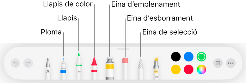 La barra d’eines de dibuix al Pages de l'iPad, amb una ploma, un llapis, un llapis de colors, l’eina d’emplenament, l’eina d’esborrament, l’eina de selecció i la paleta de colors que mostra el color actual.
