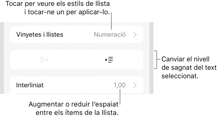 La secció “Vinyetes i llistes” dels controls de Format amb llegendes de “Vinyetes i llistes”, botons de sagnat i de sagnat esquerre, i controls d’interlineat.