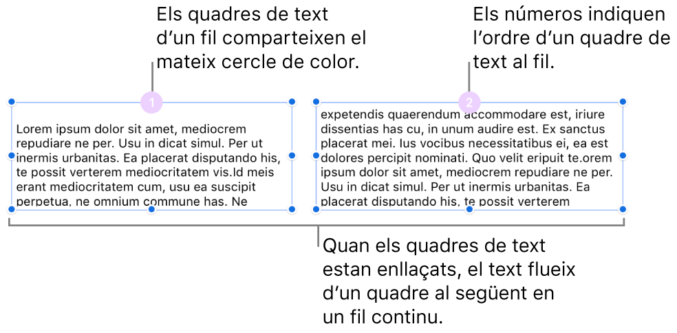 Dos quadres de text amb cercles de color morat a la part superior i els números 1 i 2 als cercles.