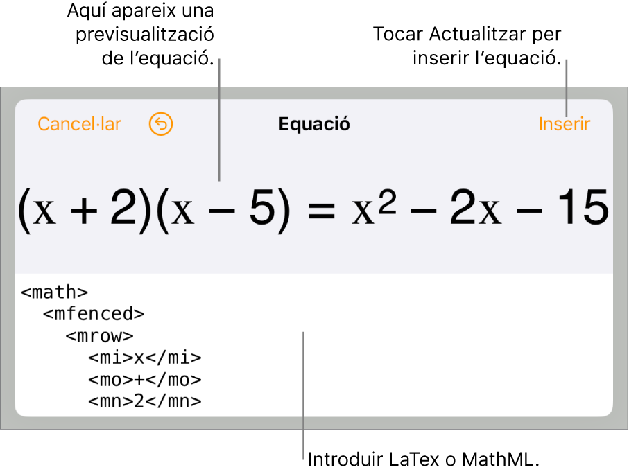 El quadre de diàleg Equació amb una equació escrita amb les ordres MathML i una previsualització de la fórmula al damunt.