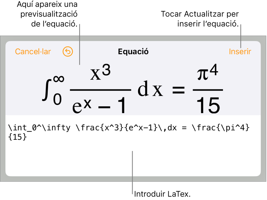 El quadre de diàleg Equació amb una equació escrita amb ordres LaTeX i una previsualització de la fórmula al damunt.