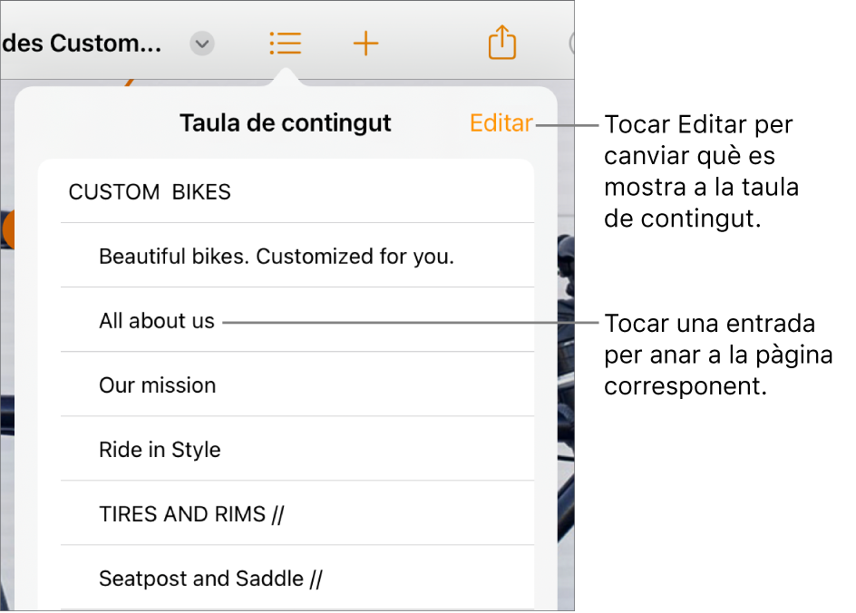 La vista de taula de contingut amb entrades en una llista. El botó Editar a l’angle superior dret de la visualització.