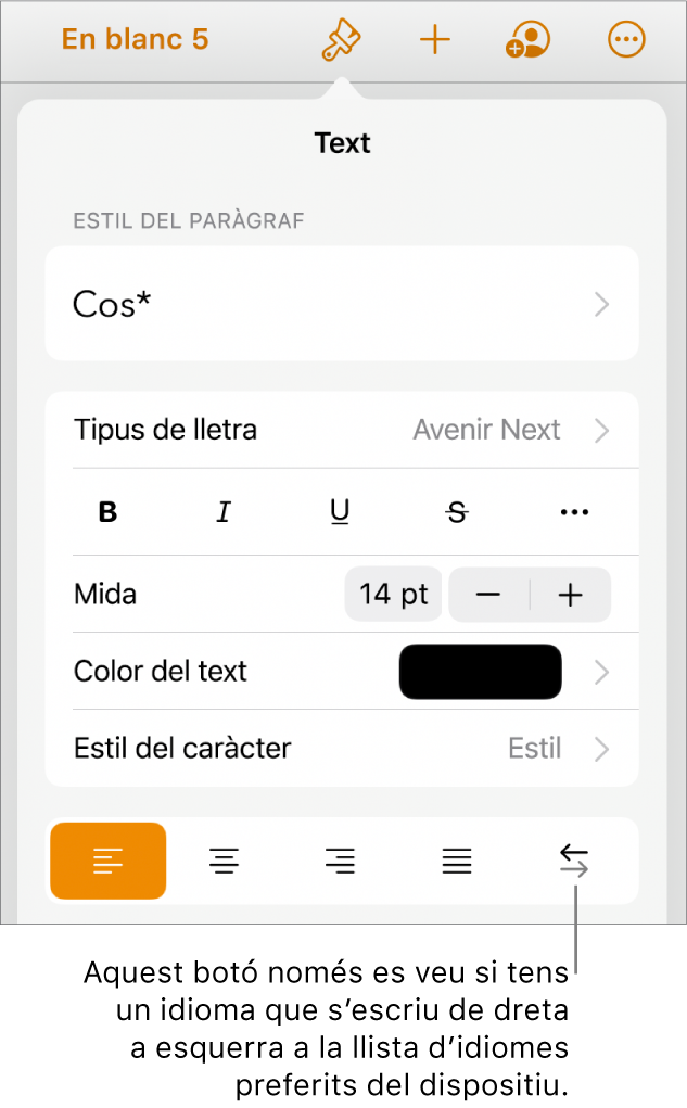 Controls de text del menú Format amb una llegenda per al botó “De dreta a esquerra”.