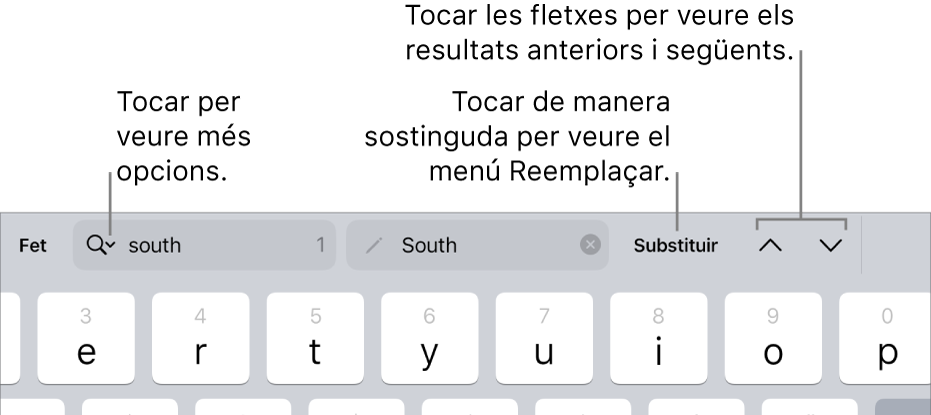 Els controls “Buscar i substituir” a sobre del teclat amb referències als botons “Opcions de cerca”, “Anar amunt” i “Anar avall”.