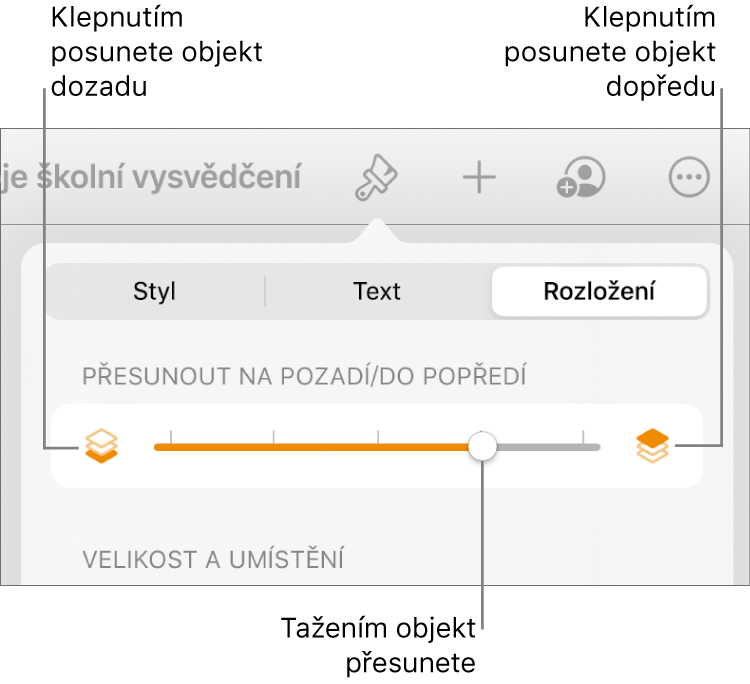 Tlačítko pro přesun vzad, tlačítko pro přesun vpřed a posuvník vrstev