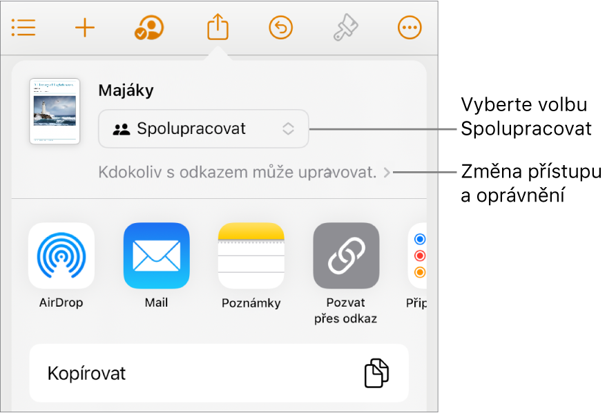 Nabídka sdílení, v níž je nahoře vidět vybraná volba Spolupracovat a pod ní volby pro nastavení přístupu a oprávnění