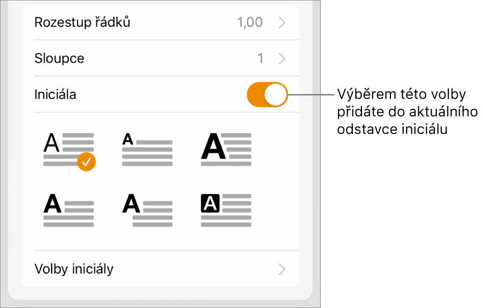 Ovládací prvky pro volbu Iniciála dole v nabídce Text