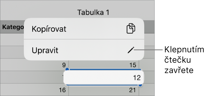 Je vidět vybraná buňka tabulky; nad ní se nachází nabídka s tlačítky Kopírovat a Upravit