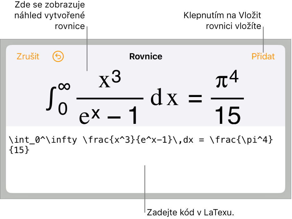 Dialogové okno Rovnice, v němž se zobrazuje zápis rovnice pomocí příkazů LaTeXu a nad ním náhled výsledného vzorce