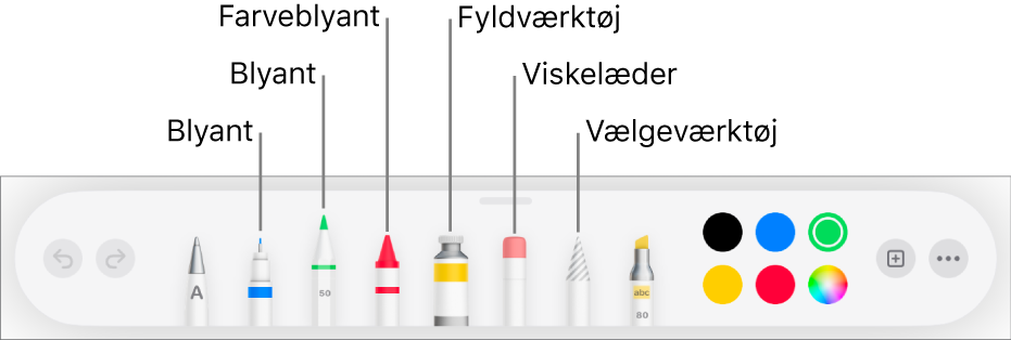 Værktøjslinjen i Pages på iPad med pen, blyant, farveblyant, fyldværktøj, viskelæder, vælgeværktøj og farvefelt, der viser den aktuelle farve.