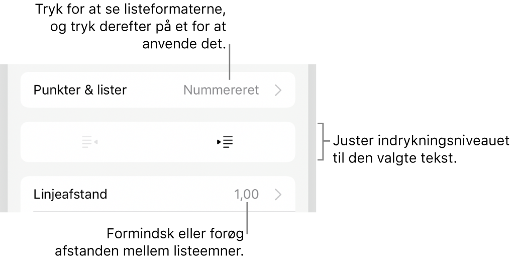 Området Punkter & lister under betjeningsmulighederne til format med billedforklaringer til Punkter & lister, knapperne Ryk ind og Ryk ud og betjeningsmulighederne til linjeafstand.