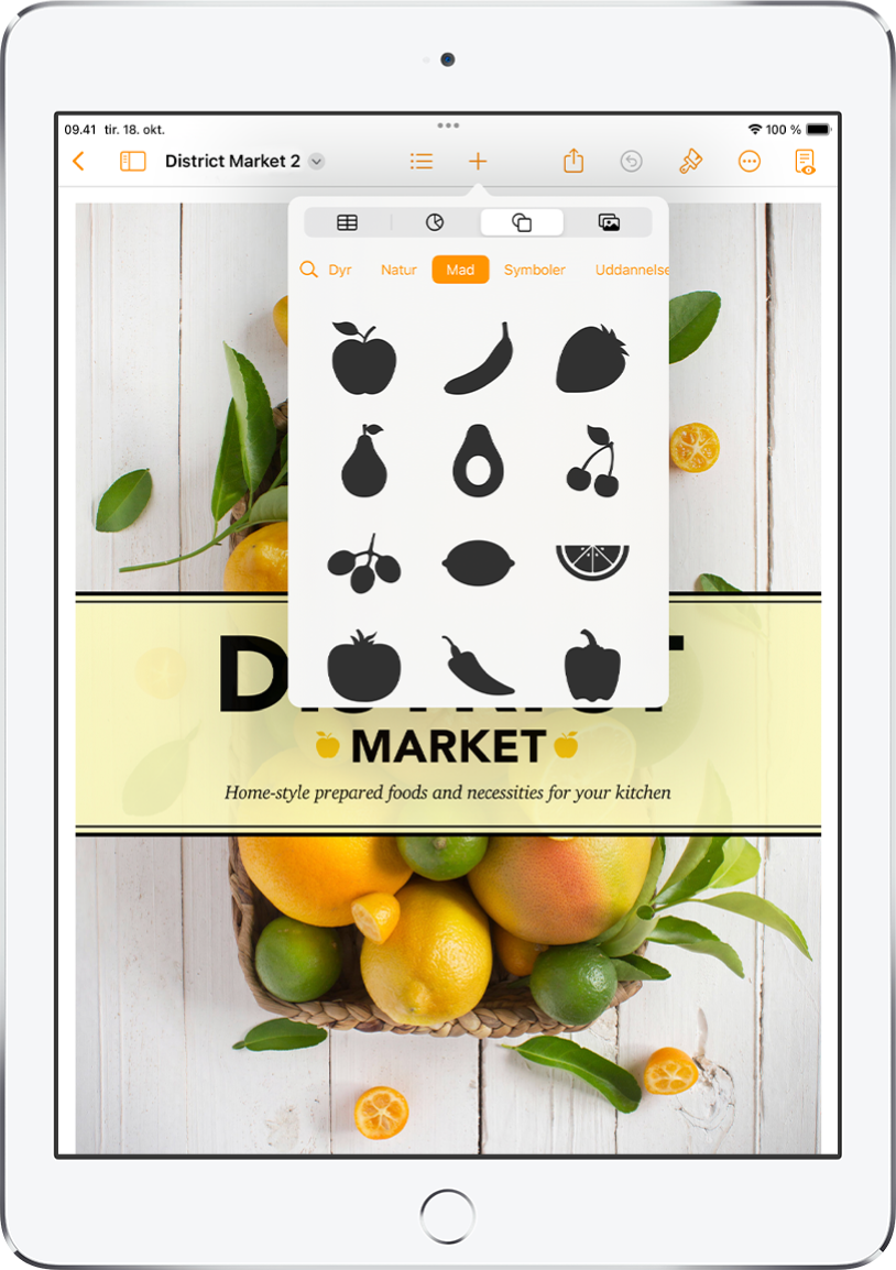 Indsætmenuen vises øverst ved siden af knapper til at tilføje tabeller, diagrammer, figurer og medier. Figurer er valgt, og den tilhørende menu viser en række af kategorier med en søgeknap til venstre. Kategorien Aktiviteter er valgt, og nedenfor vises figurer.