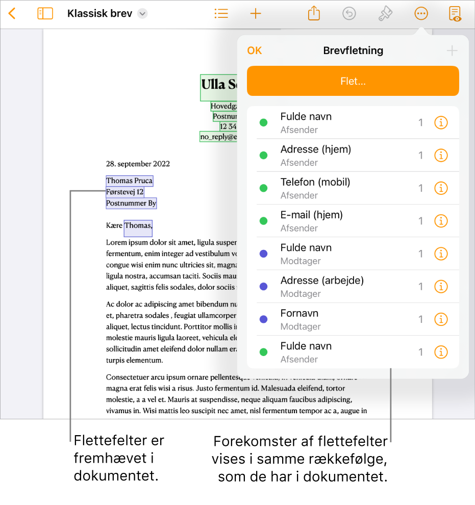 Pages-dokument med modtager- og afsenderfelter til brevfletning, og listen over forekomster af flettefelter vises i indholdsoversigten Dokument.
