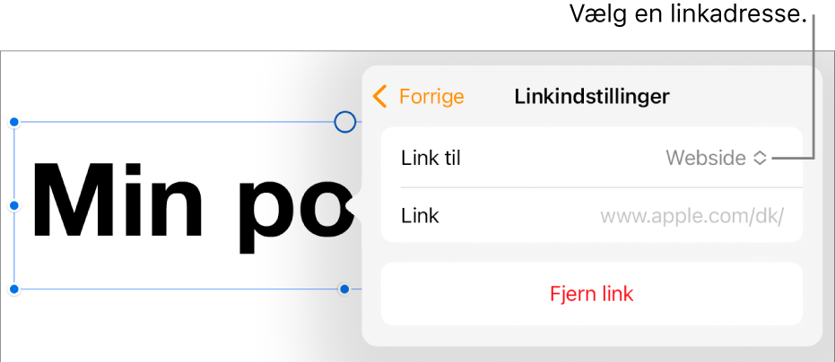 Webside er valgt i betjeningsmulighederne til Linkindstillinger, og nederst er knappen Åbn link.