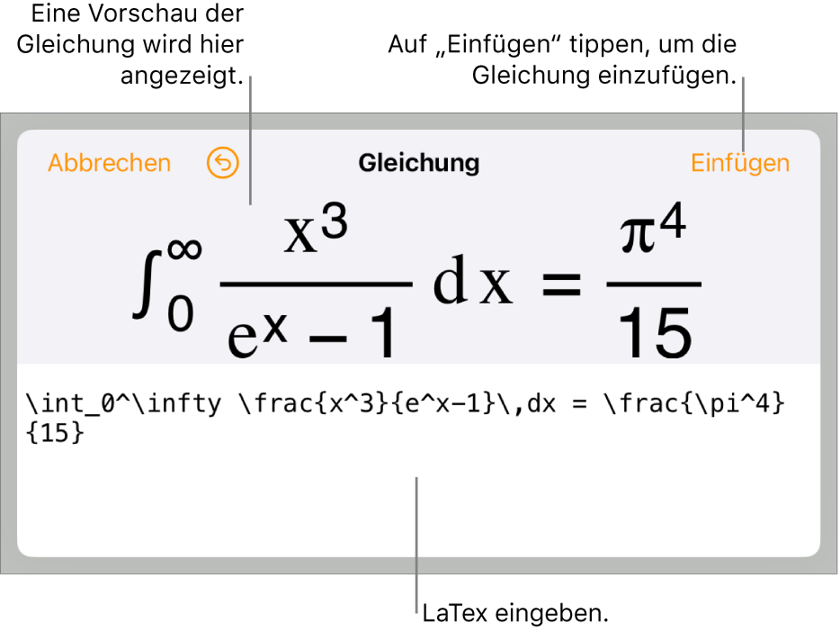 Im Dialogfenster „Gleichung“ wird eine Gleichung angezeigt, die mit LaTex-Befehlen geschrieben wurde, darüber wird eine Vorschau der Formel angezeigt.